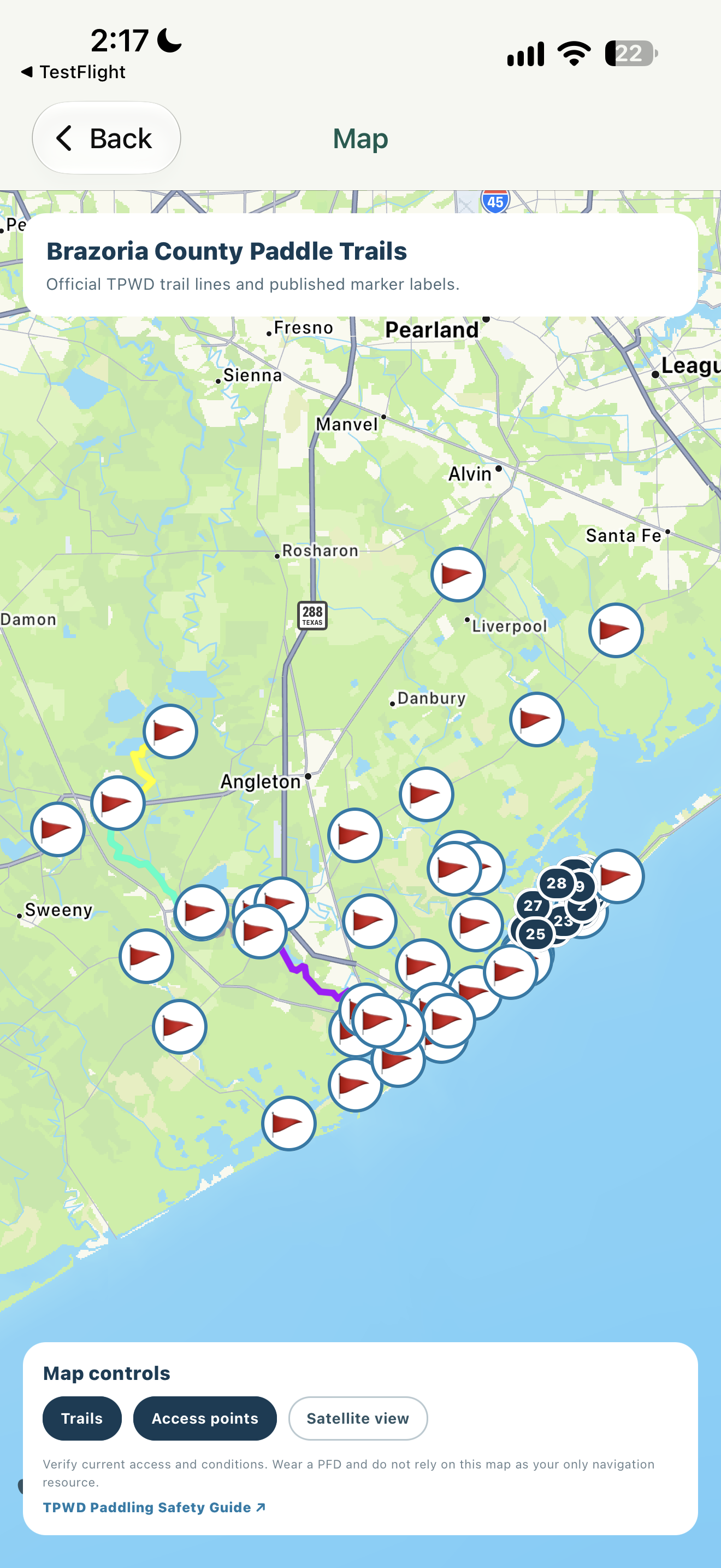 Brazoria County Paddle Trails app map showing trail routes and access points